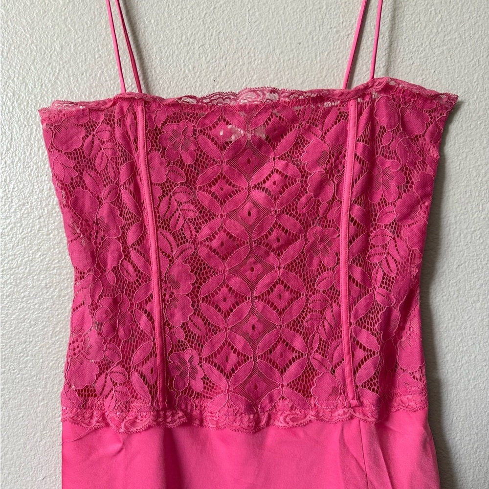 Meshki Hot Pink Lace Slip Mini Dress Size Large Satin Lace Party Date Night - Picture 5 of 15